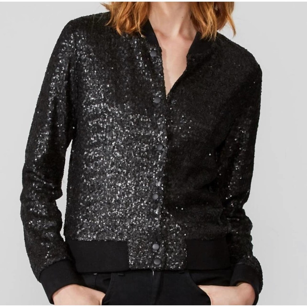 Anthropologie Bailey 44 Sequin Bomber Snap closure Jacket Size L Large Black